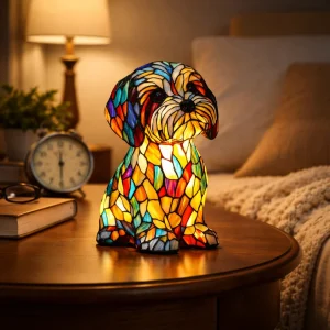 Hundformad Bordslampa Med LED-Ljus Och Dekorativt Färgat Glasutseende